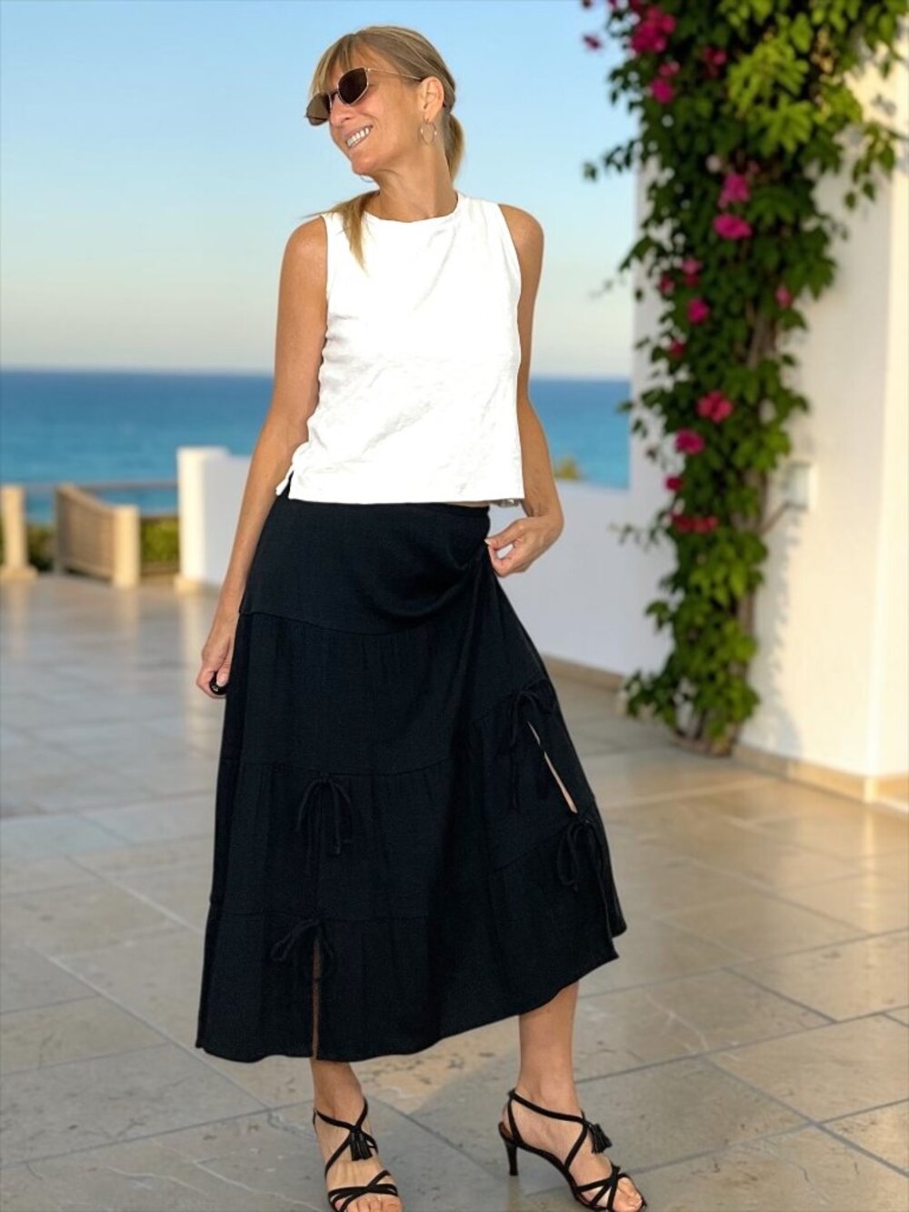 COOLRATED Miami Tiered Midi Skirt M Black Slits with Ties